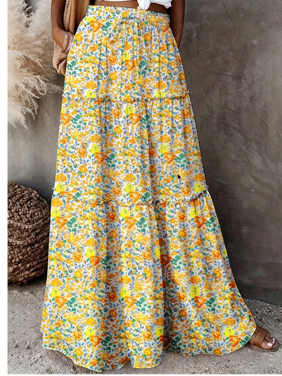Dresses & Skirts - Boho Floral Print Stretchy waist Layered Maxi Skirt
